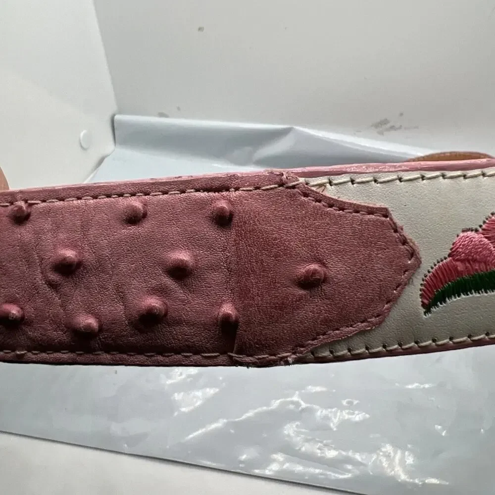 Aguila Real Leather Pink Caiman‎ Tail Embroidered Flowers Belt Rare Size 32